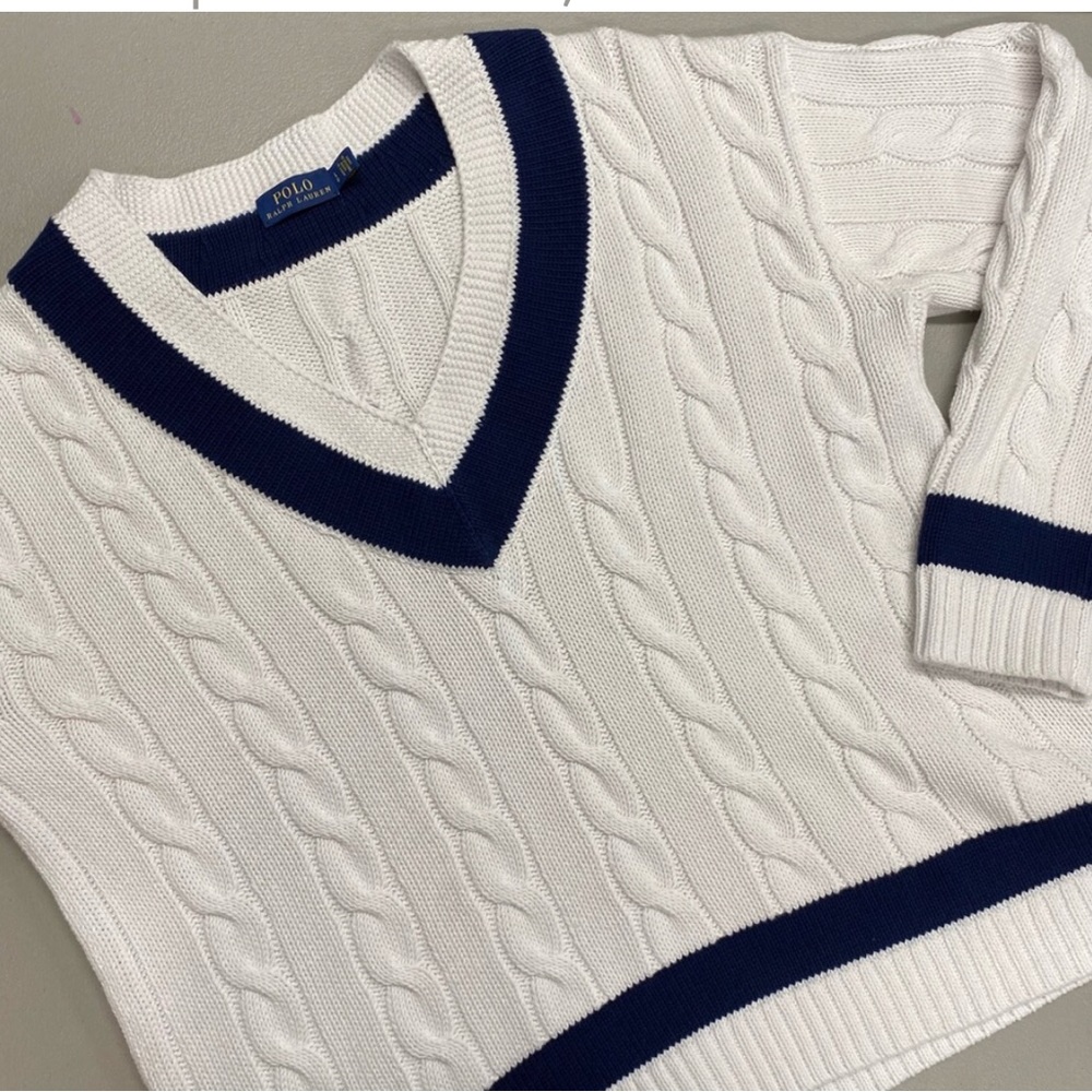 Polo by Ralph Lauren White and Navy V-Neck Sweater - Picture 2 of 6